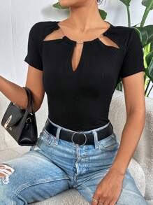 SHEIN Privé 前鏤空條紋針織T恤 - 黑色 - 查看 3