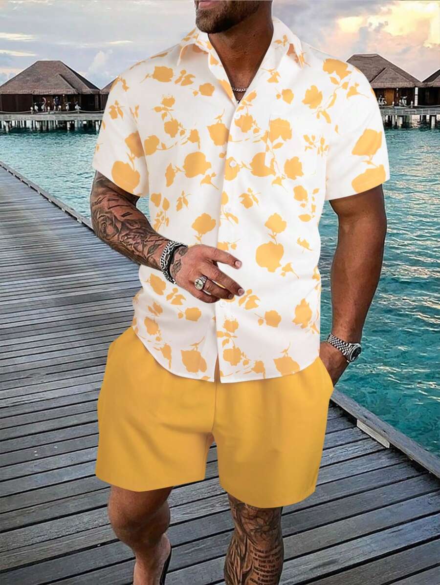 Manfinity RSRT Men Floral Print Shirt & Drawstring Waist Shorts