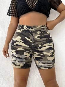 SHEIN Coolane Plus Camo Print Ripped Denim Shorts - Multicolor - View 4