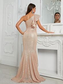 YISIKADO 單肩荷葉邊高衩亮片正式洋裝 - 香檳色 - 查看 2