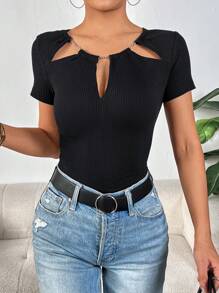 SHEIN Privé 前鏤空條紋針織T恤 - 黑色 - 查看 4