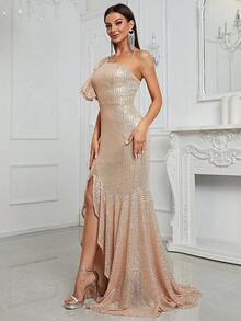 YISIKADO 單肩荷葉邊高衩亮片正式洋裝 - 香檳色 - 查看 4