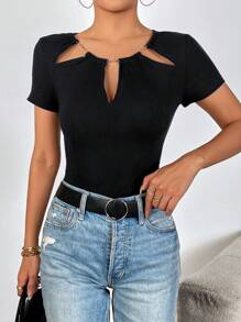 SHEIN Privé 前鏤空條紋針織T恤 - 黑色 - 查看 6