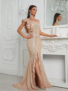 YISIKADO 單肩荷葉邊高衩亮片正式洋裝 - 香檳色 - 查看 6