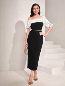 Modelyn Colorblock Asymmetrical Neck Puff Sleeve Fitted Dress Without Belt