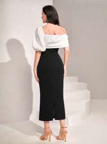 Modelyn Colorblock Asymmetrical Neck Puff Sleeve Fitted Dress Without Belt