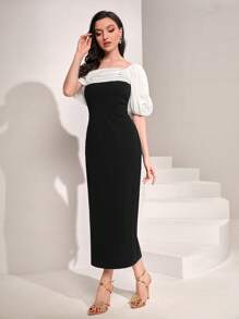 Modelyn Colorblock Asymmetrical Neck Puff Sleeve Fitted Dress Without Belt