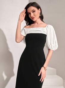 Modelyn Colorblock Asymmetrical Neck Puff Sleeve Fitted Dress Without Belt