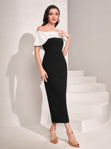 Modelyn Colorblock Asymmetrical Neck Puff Sleeve Fitted Dress Without Belt