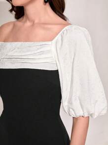 Modelyn Colorblock Asymmetrical Neck Puff Sleeve Fitted Dress Without Belt
