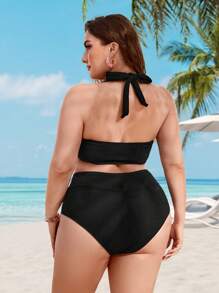 Swim Vcay Plus Size Twist Front Halter Bikini Set Summer Beach - Black - View 2