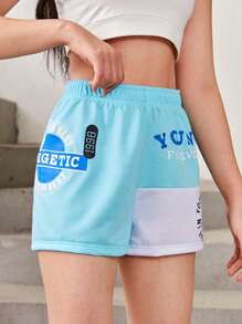 SHEIN Teen Girls Letter Graphic Colourblock Shorts - Blue and White - View 1
