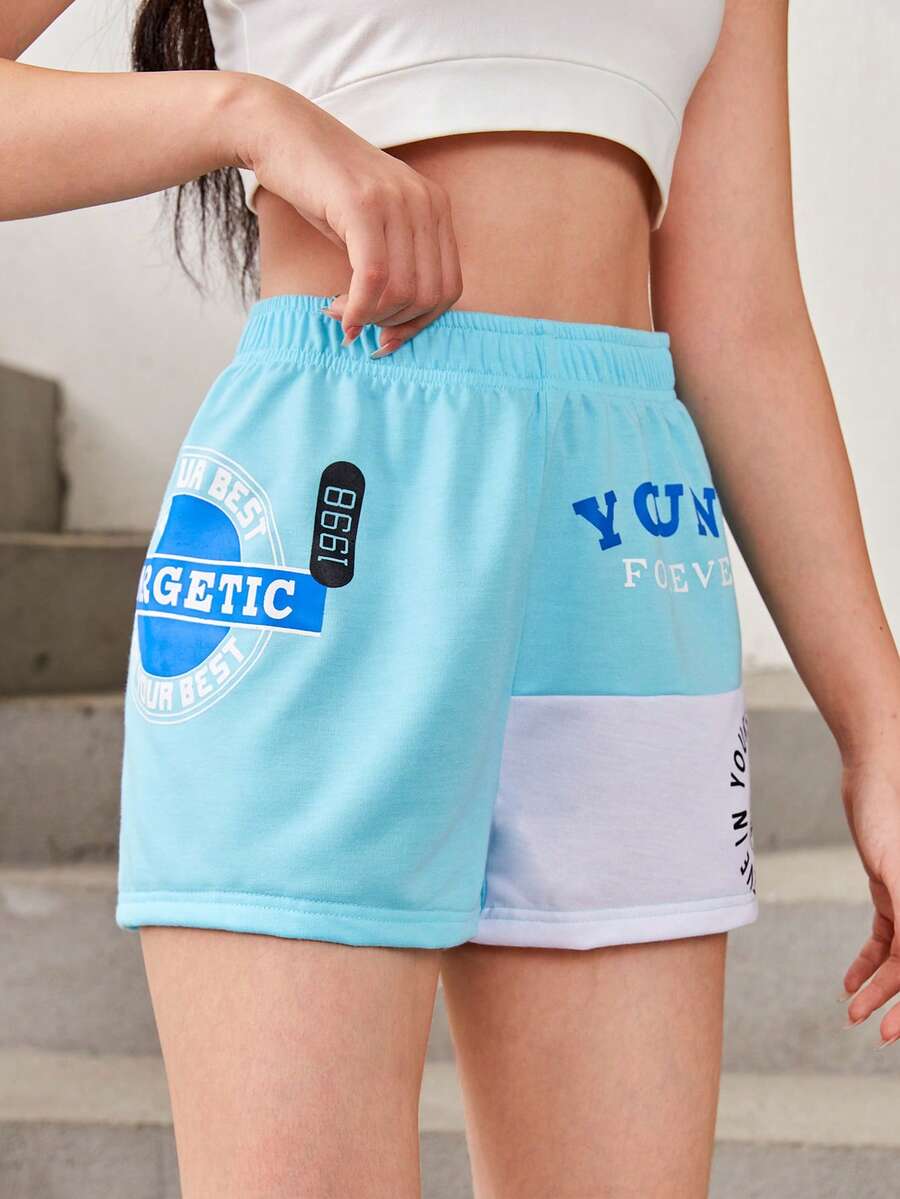 SHEIN Teen Girls Letter Graphic Colourblock Shorts - Blue and White - View 1