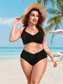 Swim Vcay Plus Size Twist Front Halter Bikini Set Summer Beach - Black - View 3