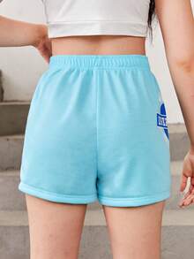 SHEIN Teen Girls Letter Graphic Colourblock Shorts - Blue and White - View 2