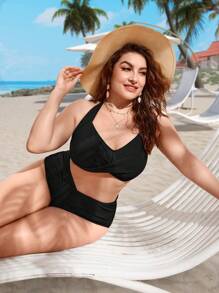 Swim Vcay Plus Size Twist Front Halter Bikini Set Summer Beach - Black - View 4