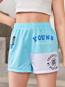 SHEIN Teen Girls Letter Graphic Colourblock Shorts - Blue and White - View 3