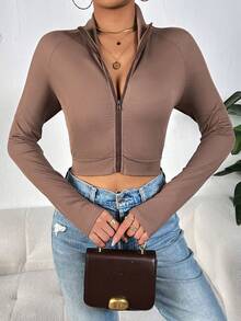 SHEIN EZwear Áo khoác nữ Dây kéo Gân đan màu trơn Giải trí - Màu Khaki - Xem 3