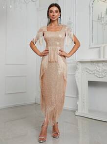 YISIKADO 流蘇邊不對稱下擺亮片派對禮服 - 香檳色 - 查看 1