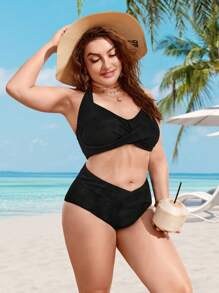 Swim Vcay Plus Size Twist Front Halter Bikini Set Summer Beach - Black - View 6
