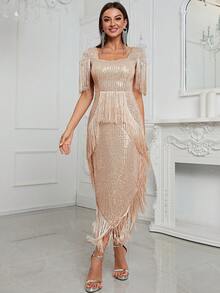YISIKADO 流蘇邊不對稱下擺亮片派對禮服 - 香檳色 - 查看 3