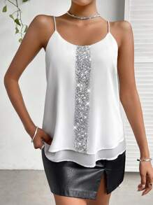 SHEIN Privé Contrast Sequin Cami Top - White - View 1