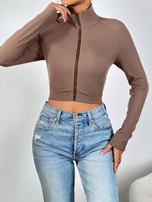 SHEIN EZwear Áo khoác nữ Dây kéo Gân đan màu trơn Giải trí - Màu Khaki - Xem 6