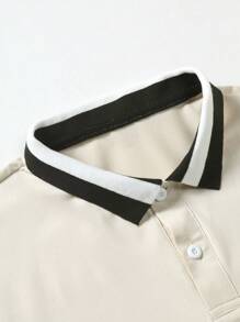 Claim Dot 男士宽松字母图案落肩纽扣 Polo 衫，撞色领，适合返校、男友礼物 - 卡其色 - 查看 4