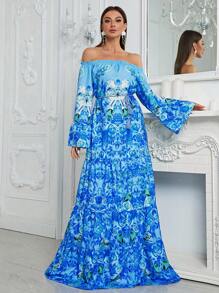 YISIKADO Đầm Thắt lưng mép Xù Viên lá sen Hoa In ngẫu nhiên Boho - Màu xanh lam - Xem 1