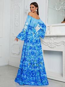 YISIKADO Đầm Thắt lưng mép Xù Viên lá sen Hoa In ngẫu nhiên Boho - Màu xanh lam - Xem 2