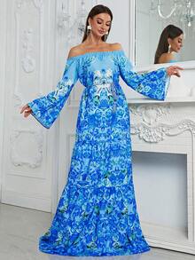 YISIKADO Đầm Thắt lưng mép Xù Viên lá sen Hoa In ngẫu nhiên Boho - Màu xanh lam - Xem 6
