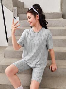 SHEIN Teen Girls Drop Shoulder Ribbed Knit Tee & Biker Shorts - Grey - View 1
