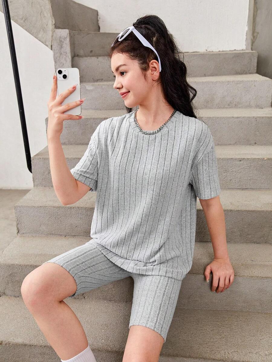 SHEIN Teen Girls Drop Shoulder Ribbed Knit Tee & Biker Shorts - Grey - View 1