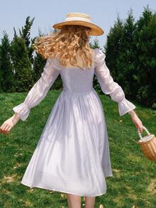 Đầm Xù Dây kéo Thắt nơ trước Nếp gấp Phần Ngực màu trơn Thanh lịch - Màu Lilac Tím - Xem 2