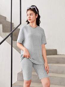 SHEIN Teen Girls Drop Shoulder Ribbed Knit Tee & Biker Shorts - Grey - View 4