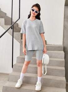 SHEIN Teen Girls Drop Shoulder Ribbed Knit Tee & Biker Shorts - Grey - View 5
