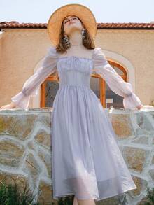 Đầm Xù Dây kéo Thắt nơ trước Nếp gấp Phần Ngực màu trơn Thanh lịch - Màu Lilac Tím - Xem 5