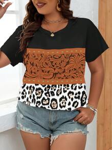 Plus Leopard Print Colorblock Tee - Multicolor - View 6