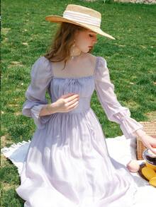 Đầm Xù Dây kéo Thắt nơ trước Nếp gấp Phần Ngực màu trơn Thanh lịch - Màu Lilac Tím - Xem 6