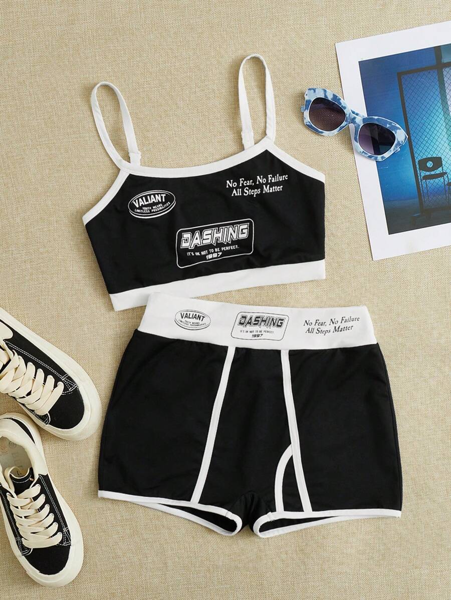 SHEIN EZwear Bộ đồ hai mảnh nữ Tương phản ràng buộc Khối Màu Slogan Giải trí - màu đen - Xem 1