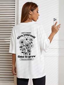 SHEIN Unity Áo thun nữ Hoa Slogan Giải trí - trắng - Xem 1
