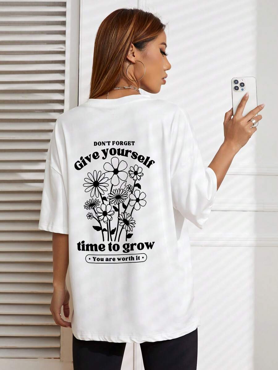 SHEIN Unity Áo thun nữ Hoa Slogan Giải trí - trắng - Xem 1