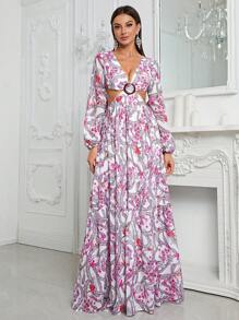 YISIKADO 滿版印花腰部鏤空燈籠袖連衣裙 - 彩色 - 查看 1