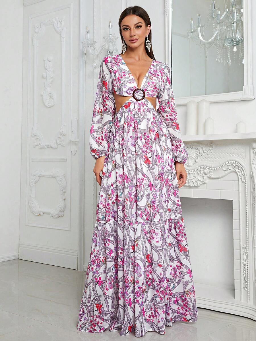 YISIKADO 滿版印花腰部鏤空燈籠袖連衣裙 - 彩色 - 查看 1