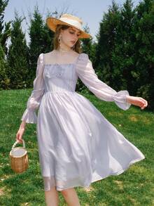 Đầm Xù Dây kéo Thắt nơ trước Nếp gấp Phần Ngực màu trơn Thanh lịch - Màu Lilac Tím - Xem 7