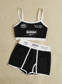 SHEIN EZwear Bộ đồ hai mảnh nữ Tương phản ràng buộc Khối Màu Slogan Giải trí - màu đen - Xem 3