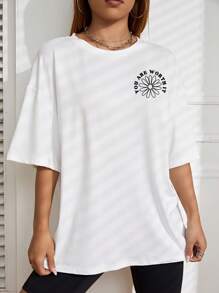 SHEIN Unity Áo thun nữ Hoa Slogan Giải trí - trắng - Xem 2