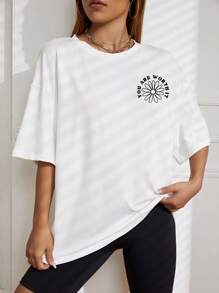 SHEIN Unity Áo thun nữ Hoa Slogan Giải trí - trắng - Xem 3