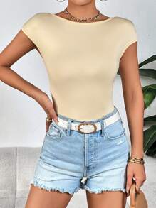 SHEIN Essnce 素色露背短款T恤 - 杏色 - 查看 2