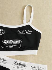 SHEIN EZwear Bộ đồ hai mảnh nữ Tương phản ràng buộc Khối Màu Slogan Giải trí - màu đen - Xem 4